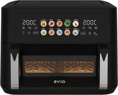 Аерофритюрниця EVVO з подвійним кошиком 8-10 л, 2800 Вт, без олії, Dual-Cyclone, 10 програм, антипригарне покриття, чорна