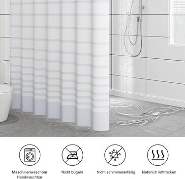 Білий душовий шторка PEVA 300x200 см XXL, антипліснява, смугаста, прана, для ванної, гуртожитків