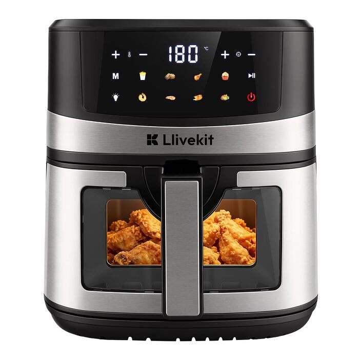 Аерофритюрниця LLIVEKIT 8-в-1 з вікном та підсвіткою, 7л, чорно-срібляста — енергоефективна мультипіч для здорового приготування без олії