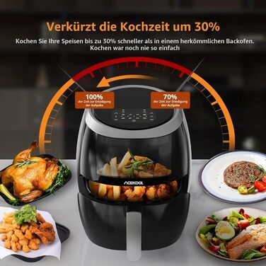 Аерофритюрниця Acekool XXL 8л, 1800 Вт, без масляного смаження, 8 програм, регулювання температури, сіра (з книгою рецептів)