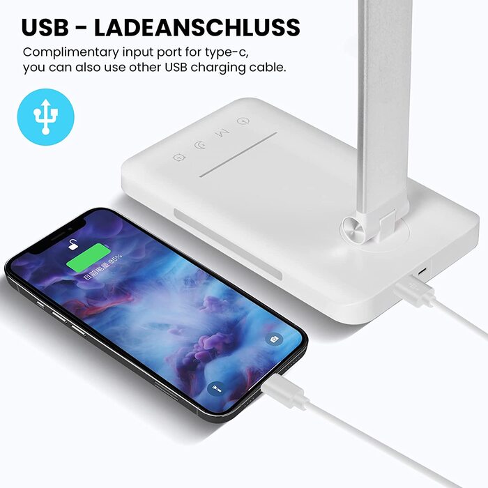 Світлодіодна настільна лампа BIENSER 560 Лм з USB, 5 кольорів, 10 рівнів яскравості, димер, нічник, пам'ять, 6000K, 10Вт для офісу та дому