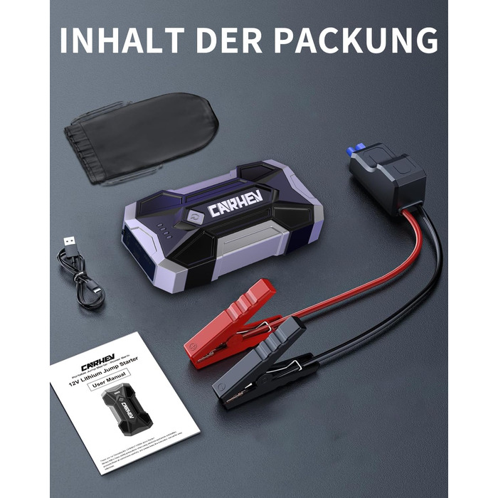 Бустер CARHEV Jump Starter 4500A — Пусковий пристрій для автомобіля (бензин/дизель до 8.0л), Powerbank з LED-ліхтарем та USB-портами