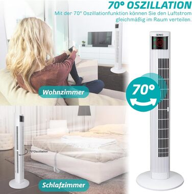 Вентилятор вежовий Turmventilator з пультом, LED-дисплеєм та таймером – 3 режими, 70° осциляція, 50 Вт, 97.5 см (білий)