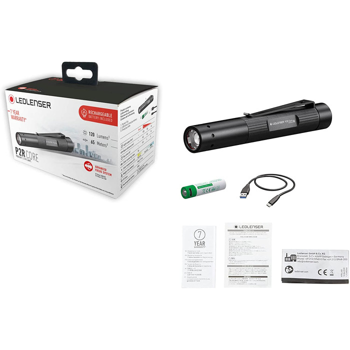 Ліхтарик Ledlenser P2R Core Mini LED, 120 люмен, акумуляторний, фокусування, 3 режими, 65 м, USB-зарядка, кліпса