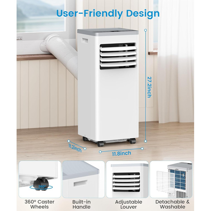 Мобільний кондиціонер Electactic 9000 BTU 3-в-1: з осушувачем, вентилятором, дистанційним керуванням та таймером на 24 години (Преміум білий)