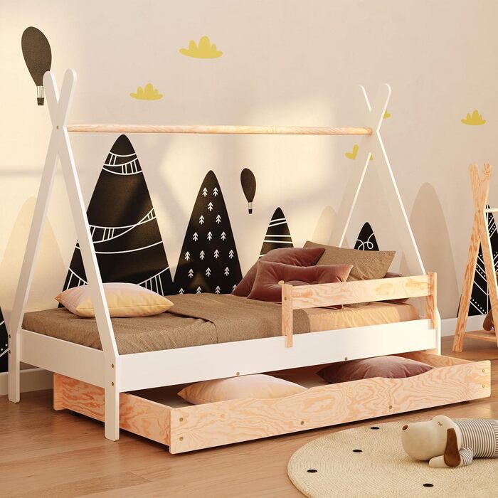 Ліжко-платформа Smartwood Hausbett для дітей Montessori Tipi F з сосни з сертифікатом FSC, захист від падіння, ламелі до 230 кг, для хлопчиків та дівчаток, проста збірка (60x120, білий) з ящиком