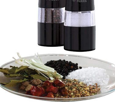 Електричний набір млинків Russell Hobbs для солі та перцю, 2 шт, керамічний механізм, регулювання помолу, LED-підсвічування, чорний, для спецій і трав, модель 28010-56