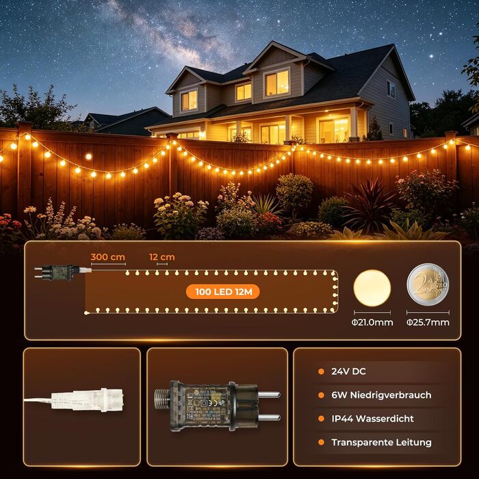 LED гірлянда вулична 27м 200 LED IP44 тепла біла, 8 режимів, пульт, димер, таймер для саду, балкона, тераси