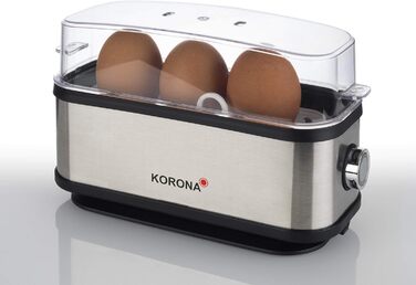 Електрична яйцеварка Korona 25304 на 1-3 яйця, нержавіюча сталь, 210 Вт, з підставкою, мірним стаканом і голкою для яєць