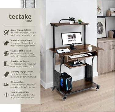 Письмовий стіл tectake Industrial 80x65.5x130.5 см з полицями, висувною полицею для клавіатури, темно-коричневий - Офісний стіл, Комп'ютерний стіл, Принтерний стіл