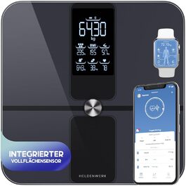 HELDENWERK Розумна вага-аналізатор тіла з Bluetooth, 180 кг, вимірювання жиру, ІМТ, м’язової маси, білка, BMR, з додатком, темно-синя (дизайн Elegance)