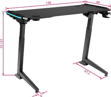 Ігровий стіл tectake 404317 з LED, регульований, 125x60 см, чорний, з тримачем для напоїв і гачком для навушників, комп'ютерний стіл у карбоновому стилі