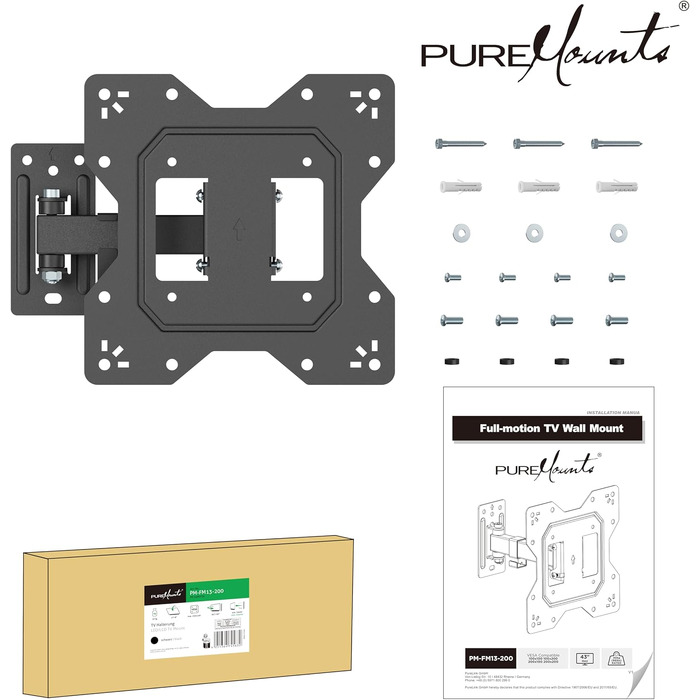 Настінний кронштейн для телевізора та монітора PureMounts, нахильний та поворотний, VESA 100x100 мм, до 20 кг, для діагоналей 23-43 дюйми, чорний