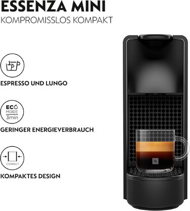 Кавомашина Nespresso Essenza Mini Krups чорна, 19 бар, капсульна, 0.6л, енергозбереження, XN1108