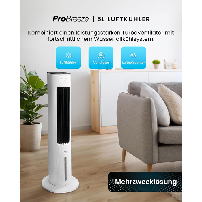 Pro Breeze OmniAir: Вежа-вентилятор з водяним охолодженням та пультом, 5л - мобільний кондиціонер без шланга