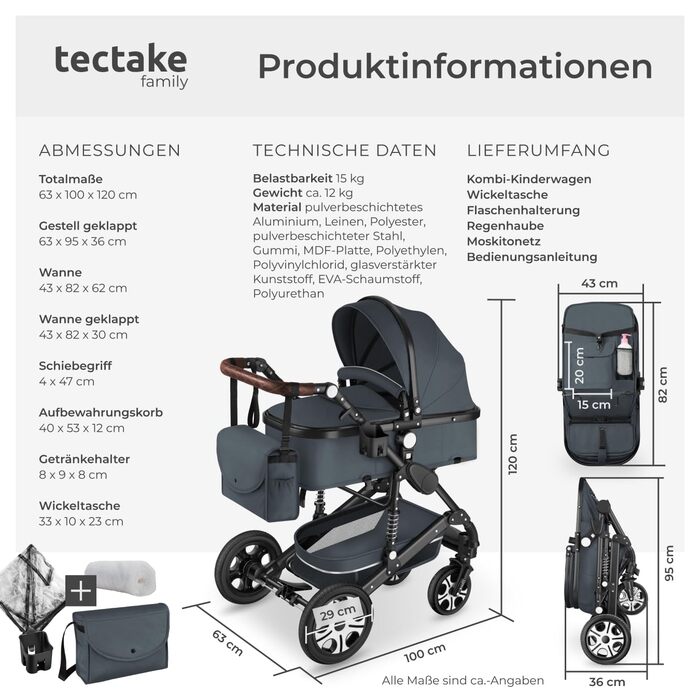 Дитяча коляска Tectake 2 в 1, розкладна, з люлькою, вагончиком, підстаканником, дощовиком, сірого кольору