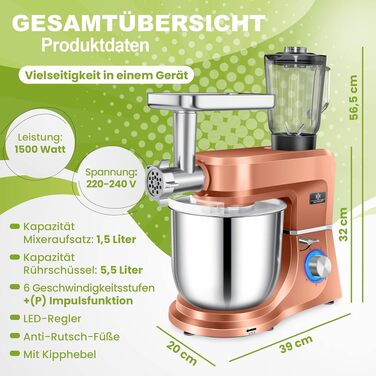 Кухонна машина 3в1 KESSER з м'ясорубкою та міксером, 1500Вт, чаша 5.5л, планетарний міксер для випічки та готування, мідний колір