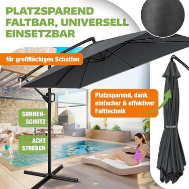 Парасолька від сонця KESSER 250x250 см, прогулкова парасолька для балкона та саду, алюмінієвий каркас, захист від UV та води, вітростійка, колір антрацит (без LED)