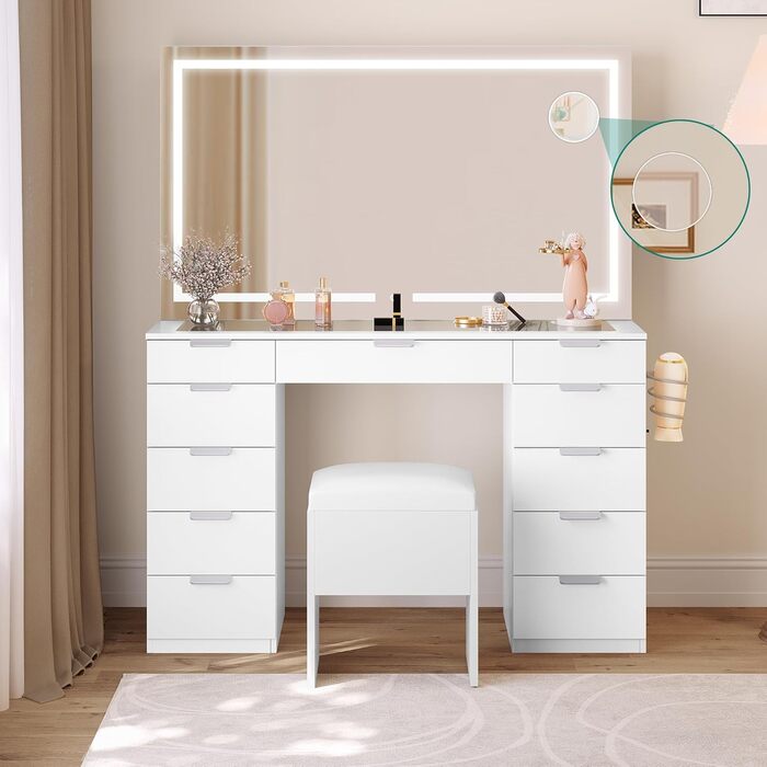 Туалетний столик YITAHOME з LED-підсвіткою, 3 кольори, регульована яскравість, дзеркало, 11 шухляд, розетка, білий, сучасний косметичний столик для макіяжу