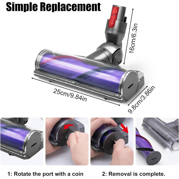 Насадка-щітка Odashen з турбіною для підлоги для пилососа Dyson V7/V8/V10/V11/V15, моторизована насадка, заміна 967483-04