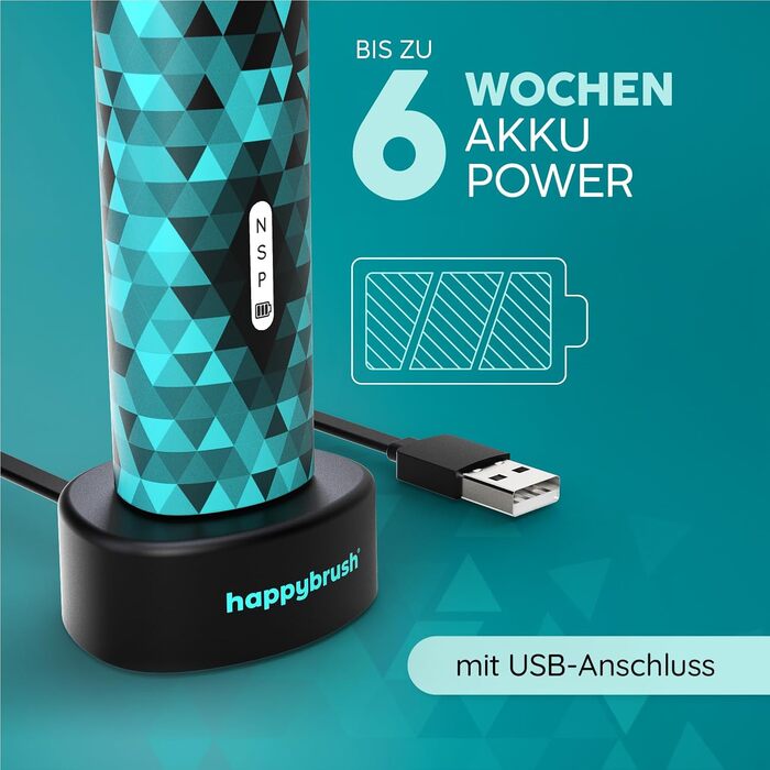 Електрична зубна щітка HappyBrush Eco Vibe 3+ – Чорний/М'ятний – 2 роки гарантії