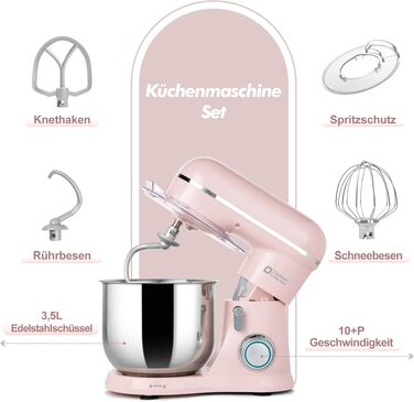 Кухонний комбайн Kitchen in the box Kompakte — планетарний міксер та тістоміс 3.5 л, 10 швидкостей, набір насадок (гак, вінчик, міксер), рожевий