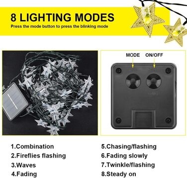 Сонячна гірлянда Fohil 100 LED 12 м, зірки, водонепроникна IP65, 8 режимів, теплий білий, для вулиці та дому, для Рамадану, весілля, вечірки, саду та ялинки