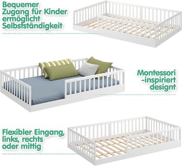Ліжко дитяче CADANI Timi 2в1 Montessori 120x200 см з бортиками, ламелі, масив сосни, біле - 3 варіанти збірки, до 200 кг