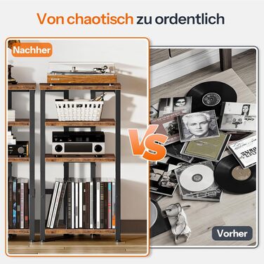HOOBRO HiFi-тумба з 4 полицями для вінілу та аудіотехніки, вінтажний стиль, чорний/коричневий EBF42CJ01