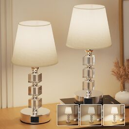 Настільна лампа Livofloral з сенсорним димером, USB A+C, LED, кришталем і тканинним абажуром, для спальні, дитячої, вітальні, готелю, біла
