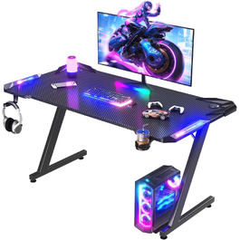 Ігровий стіл JUMMICO з RGB LED-підсвіткою, комп'ютерний стіл для геймерів та Home-office з тримачем для навушників та підстаканником, чорний (140 x 60 см)