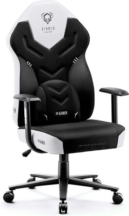Ігрове крісло Diablo X-Gamer 2.0 з тканинною оббивкою, ергономічне, з подушкою для попереку, Softpad, чорне-біле, 128x68x55 см