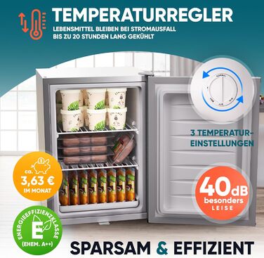 Stillstern Міні морозильник 42L -18°C з формою для льоду, замком, змінним напрямком відкривання дверцят, 4-зірковий глибокий заморожувач для кемпінгу/офісу. Срібний колір.