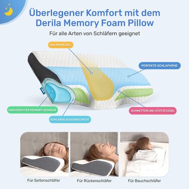 Ортопедична подушка з ефектом пам'яті Derila Memory Foam для шиї та голови, для сну на боці, розмір King Size (60 x 35 см)