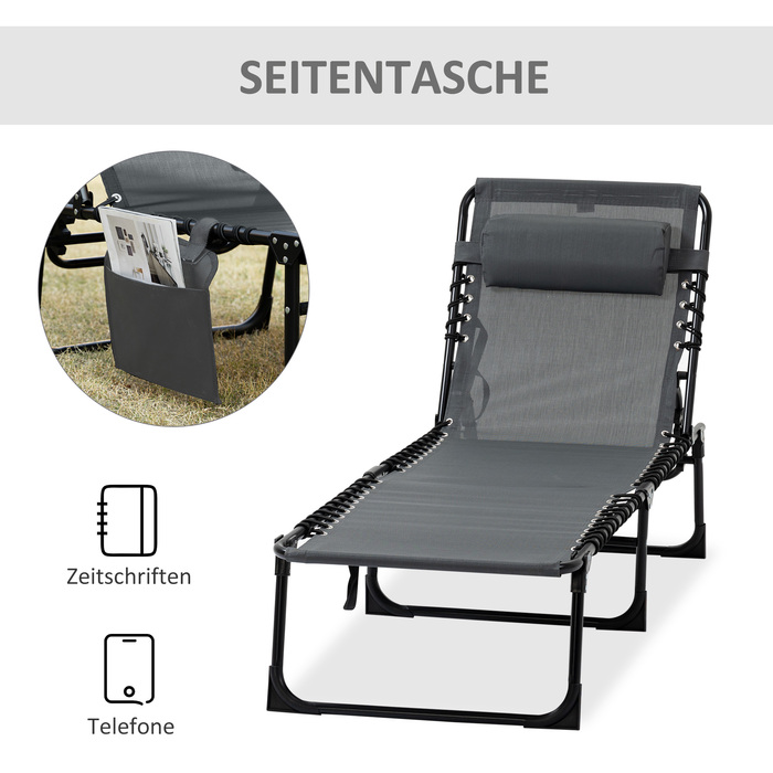 Складний садовий шезлонг Outsuuny Sun Lounger з подушкою, бічна кишеня, шезлонг з регульованою спинкою в 5 напрямках, стійкий до погодних умов шезлонг для кемпінгу з навантаженням до 120 кг, для садового пляжного басейну, сірий
