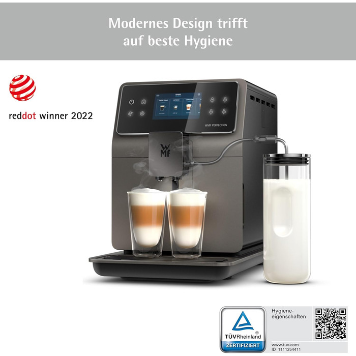 Кавомашина WMF Perfection 780L з молочною системою, 18 напоїв, подвійний термоблок, сталевий млинок, профілі користувачів, резервуар для молока 1 л, сертифікат гігієни TÜV