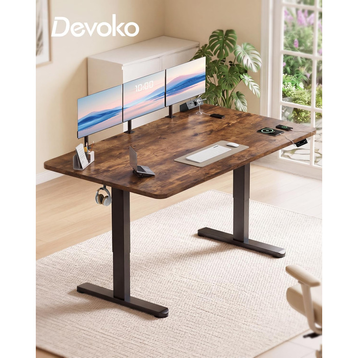 Електричний підйомний стіл Devoko 160x80см, регульований стіл для комп'ютера з двома моторами, сенсорним керуванням, кабелем-менеджментом та розеткою (Коричневий)