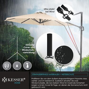 Парасолька для саду KESSER SUN XL 330 см, кругла, беж, з чохлом, 7-позиційна, нахил, 360° обертання, з вітрозахистом, ручка, UV50+