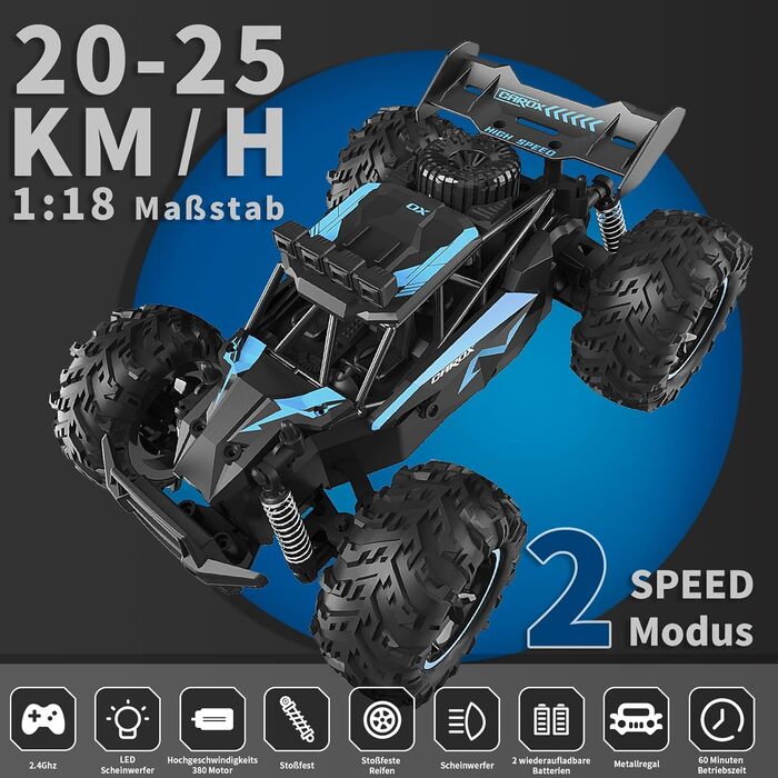 Радіокерований позашляховик Carox 1:18, 2.4 GHz, 25 км/год, блакитний – монстр-трак з підсвічуванням