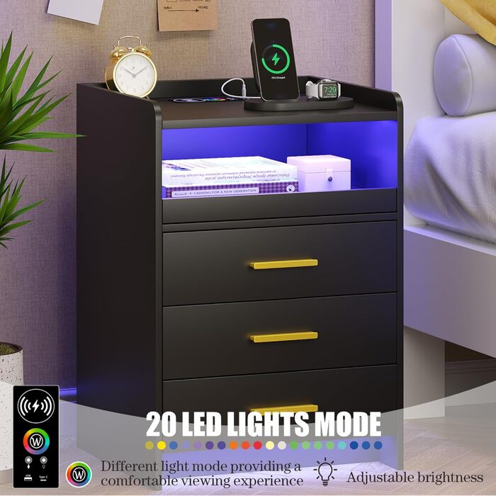 Нічний столик FREDEES з LED-підсвічуванням, ящиком, зарядкою та датчиком руху, сірий (2), чорний