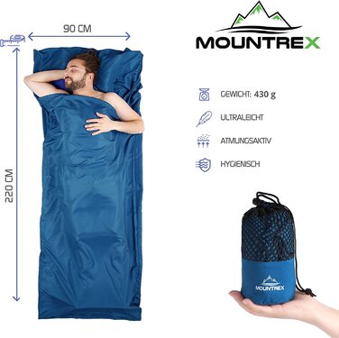 Літній спальний мішок-вкладиш MOUNTREX з блискавкою, 220x90 см, для туризму та дому, компактний і м'який, синій