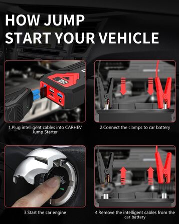 Бустер для авто CARHEV Jump Starter 3000A — Пусковий пристрій з LCD-дисплеєм для бензинових (до 8л) та дизельних (до 8л) двигунів, 12V Powerbank з USB швидкою зарядкою та LED-ліхтарем