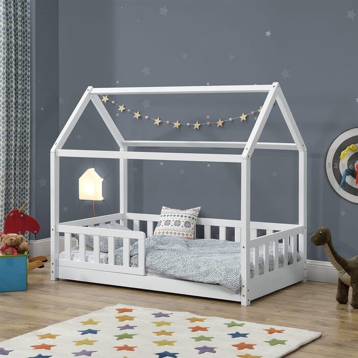 Дитяче ліжко Juskys Marli 80x160 см з бортиком, ламельною основою та дахом, будиночок з масиву дерева, біле