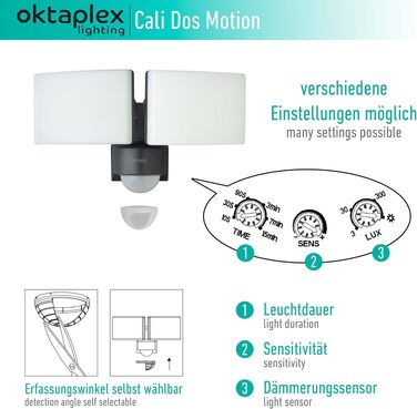 Світлодіодний вуличний прожектор Oktaplex Cali Dos Motion з датчиком руху, 40W, 3000K (тепле біле світло), IP65, дві голови, антрацит