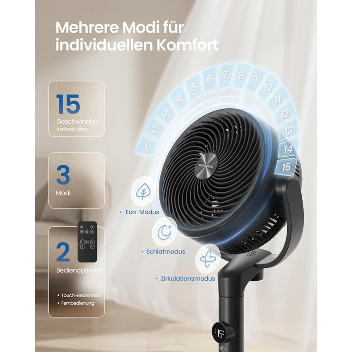 Вентилятор підлоговий SONGMICS XFC002W1EU (Чорний) тихий, з пультом, 120°/135° осциляція, 15 швидкостей, таймер, 3 режими, регульована висота