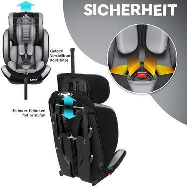 Дитяче автокрісло KIDIZ з Isofix, група 1/2/3, 9-36 кг, регульований підголівник, 5-точковий ремінь, сіре, для дітей 1-12 років