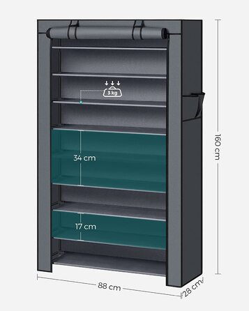 SONGMICS стелаж для взуття на 10 рівнів, 28x88x160 см, металевий, з пилозахисним чохлом, органайзер для взуття, для туфель та кросівок, сірий