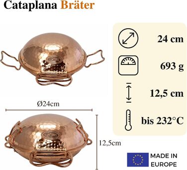 Мідний казан-катаплана CopperGarden® 18 см, ручне лудіння, португальський, для газу, вогню, гриля та духовки, ідеальна теплопровідність, молоткова обробка