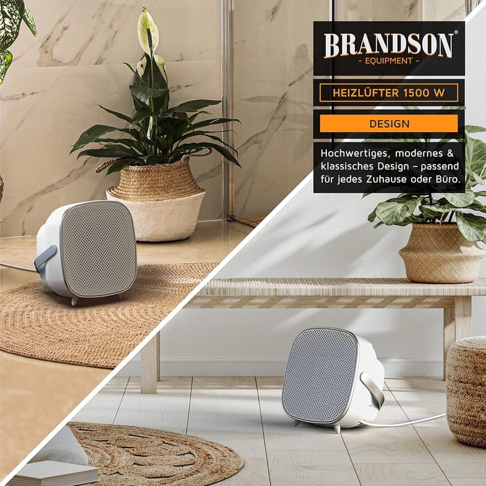 Керамічний обігрівач Brandson 1000/1500 Вт для ванної, енергоощадний, тихий, швидкий обігрів, 2 режими, термостат, захист від перегріву