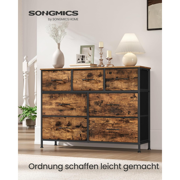 SONGMICS Комод з 7 висувними ящиками, шафа для зберігання, сталь, MDF, флізелін, для спальні, прихожей, вітальні, кольори: білий, коричневий, чорний